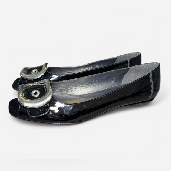 Stuart Weitzman Black Patent Leather Silver Buckle Peep-Toe Flats - Picture 4 of 9